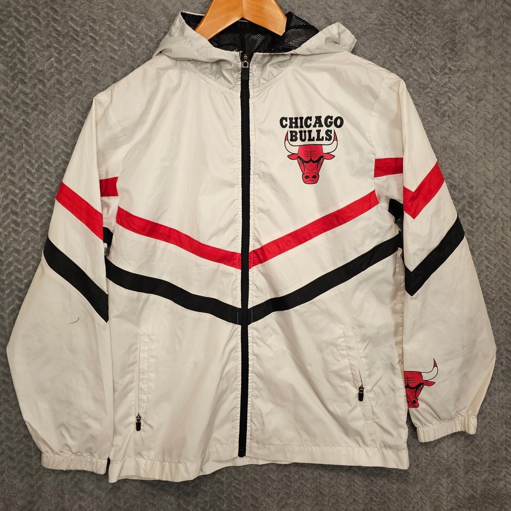 NBA Chicago Bulls Kids White Red Black Hooded Windbreaker Jacket Size 14-16 L
